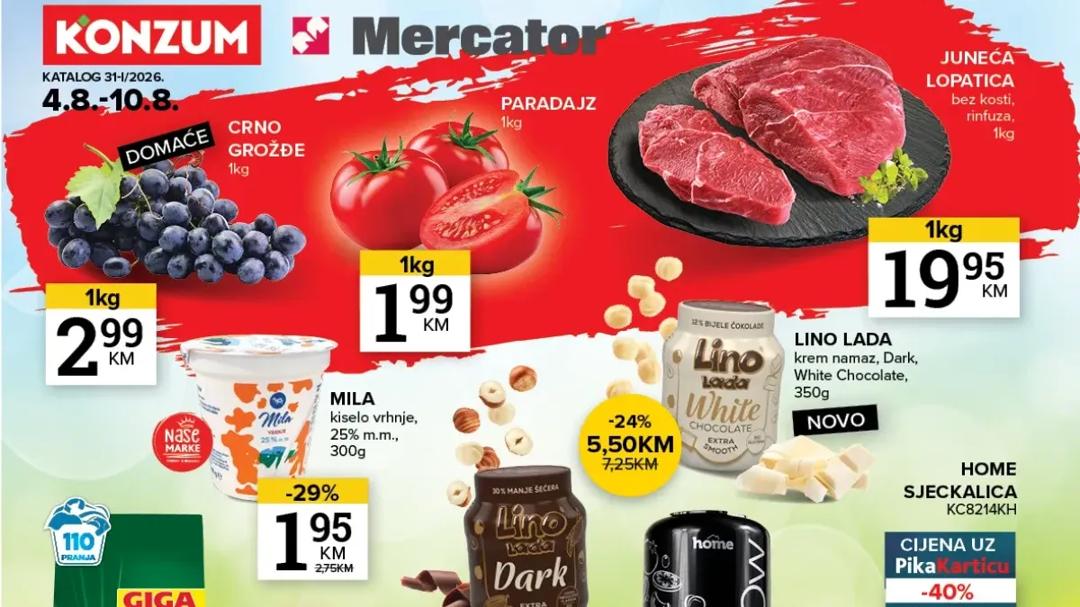 Konzum i Mercator katalog do 10.08.2026. – sedmične akcije i popusti do 50% na prehranu, voće, meso, sladolede i proizvode za domaćinstvo.