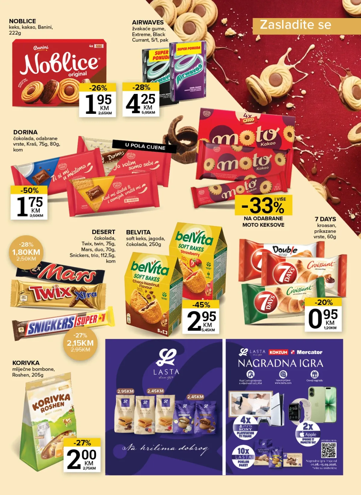 Konzum i Mercator katalog do 10.08.2026. – Noblice, Twix, Snickers, Dorina i Moto keksi na akciji (strana 11)