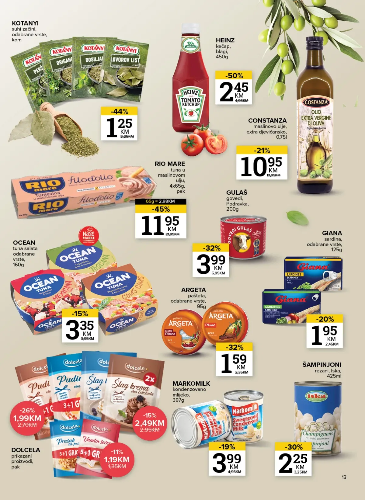 Konzum i Mercator katalog do 10.08.2026. – Kotanyi začini, Rio Mare, Heinz, Argeta i Constanza ulje (strana 13)