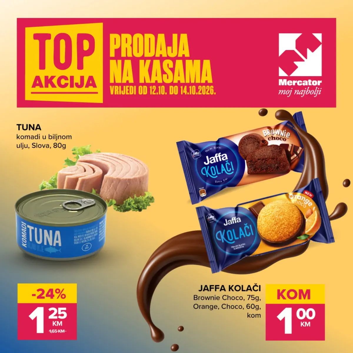 Mercator akcija na kasama od 12. do 14.10.2026. – tuna Slova 80 g snižena 24% na 1,25 KM i Jaffa kolači za 1,00 KM po komadu