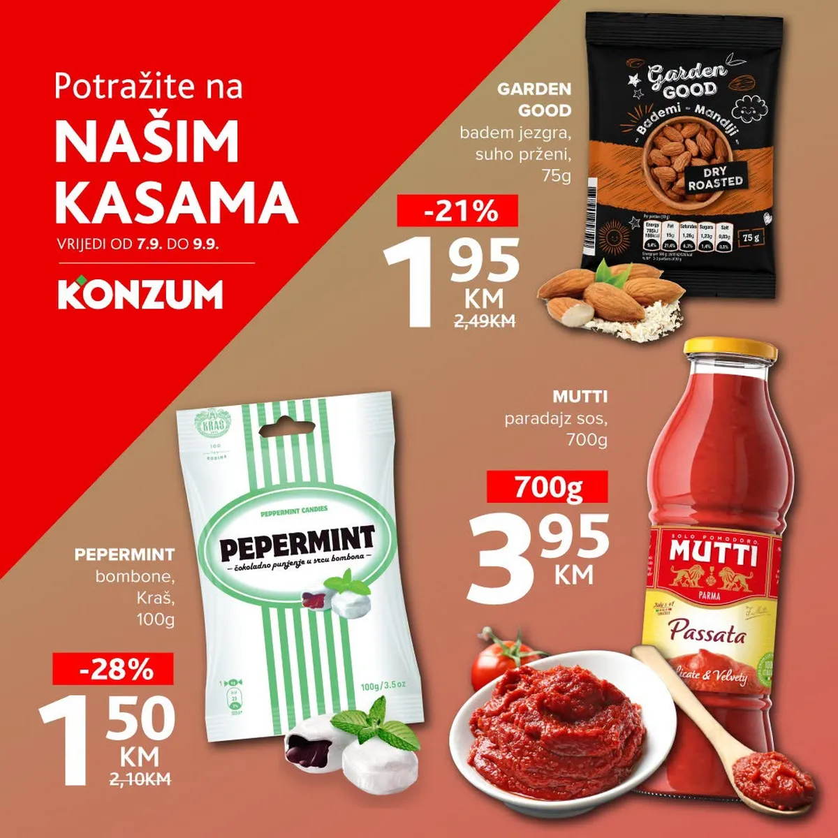 Konzum TOP akcija na kasama od 07.09. do 09.09.2026. – Garden Good bademi, Kraš Pepermint bombone i Mutti paradajz sos po akcijskim cijenama