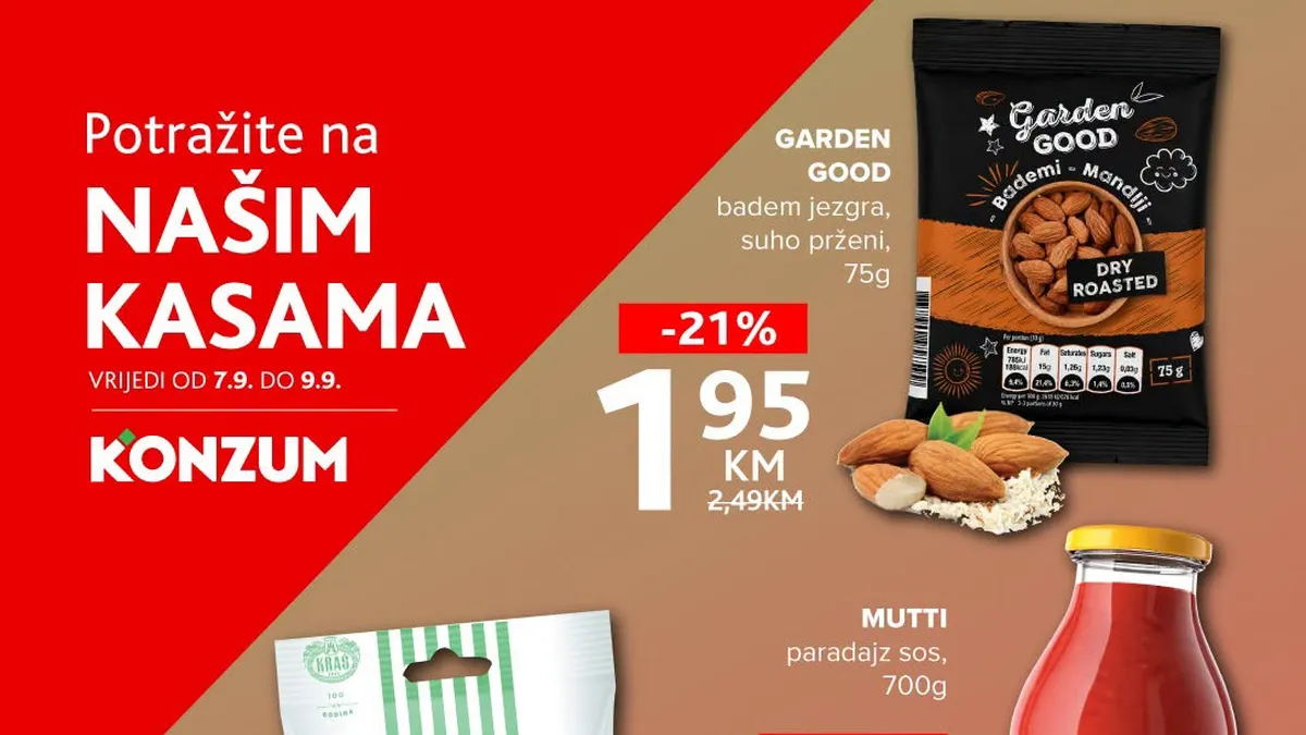 Konzum i Mercator TOP akcija na kasama od 07.09. do 09.09.2026. – bademi, Kraš bombone i Mutti paradajz sos po akcijskim cijenama