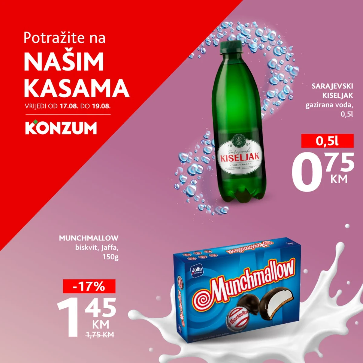 Konzum TOP akcija od 17.08. do 19.08.2026. – Sarajevski kiseljak 0,5 l za 0,75 KM i Jaffa Munchmallow 150 g za 1,45 KM