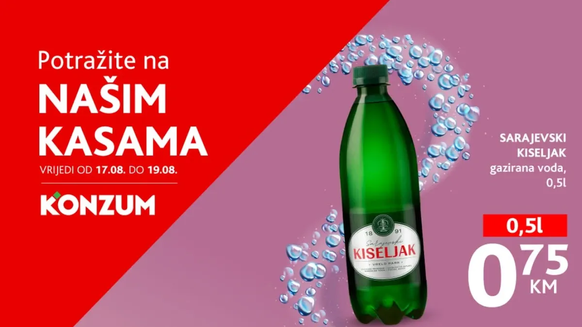 Konzum i Mercator TOP akcija od 17.08. do 19.08.2026. – Sarajevski kiseljak 0,75 KM i Jaffa Munchmallow 1,45 KM