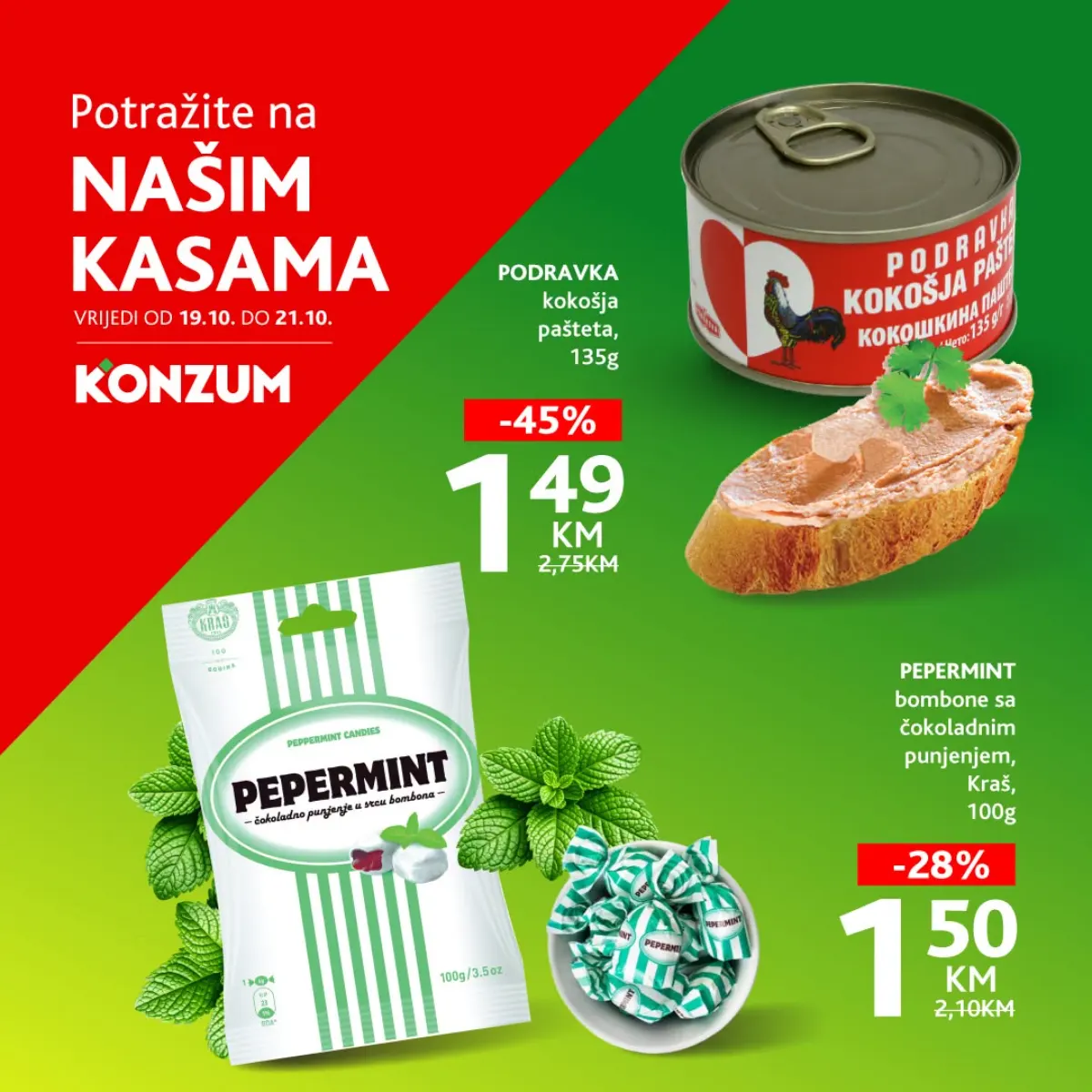 Konzum akcija na kasama 19–21.10.2026. – Podravka kokošija pašteta 135 g za 1,49 KM i Kraš Peppermint bombone 100 g za 1,50 KM, popusti do 45%