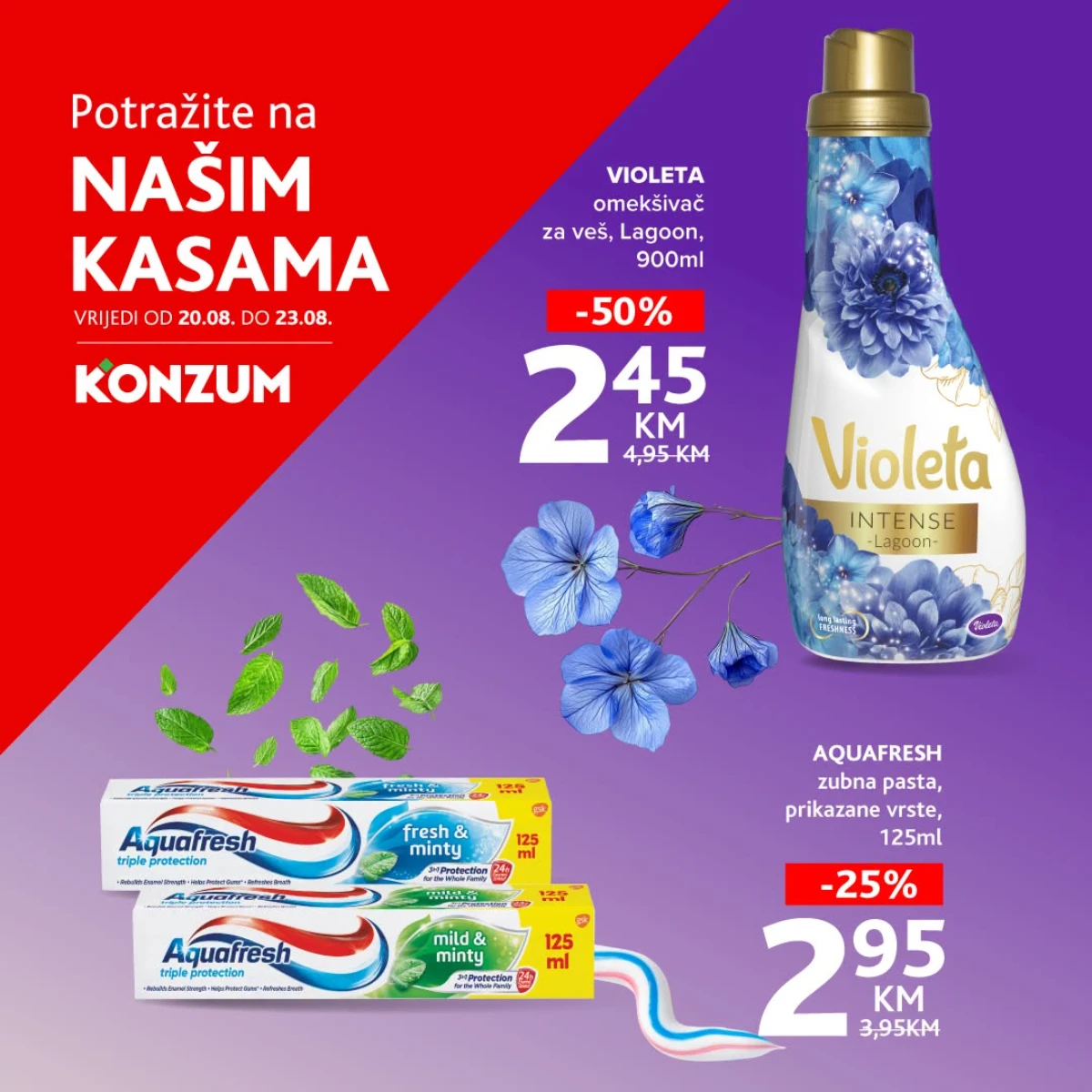 Konzum TOP akcija do 23.08.2026. – Violeta omekšivač 2,45 KM i Aquafresh pasta za zube 2,95 KM