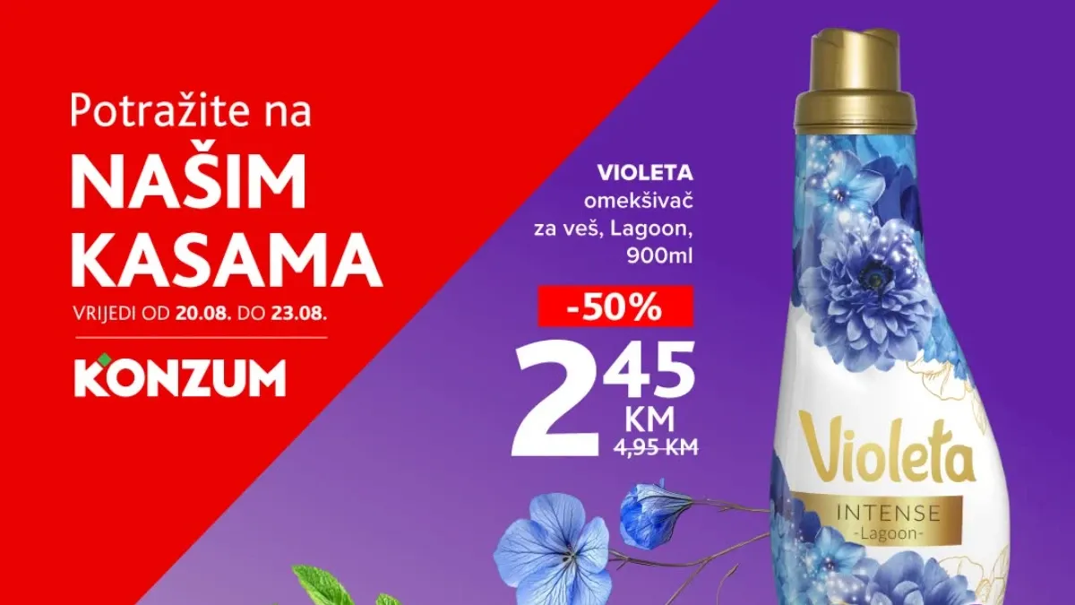 Konzum i Mercator TOP akcija do 23.08.2026. – Violeta omekšivač 2,45 KM i Aquafresh pasta 2,95 KM