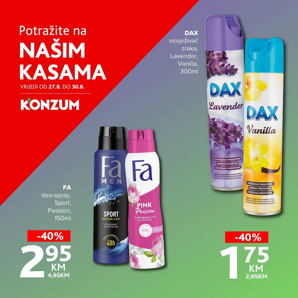 Konzum TOP kasa akcija od 27.08. do 30.08.2026. – FA dezodoransi i DAX osvježivači zraka sniženi 40%