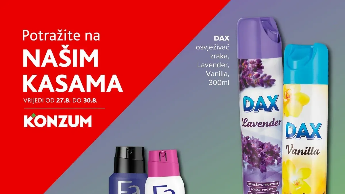 Konzum TOP kasa akcija od 27.08. do 30.08.2026. – FA dezodoransi i DAX osvježivači zraka sniženi 40%
