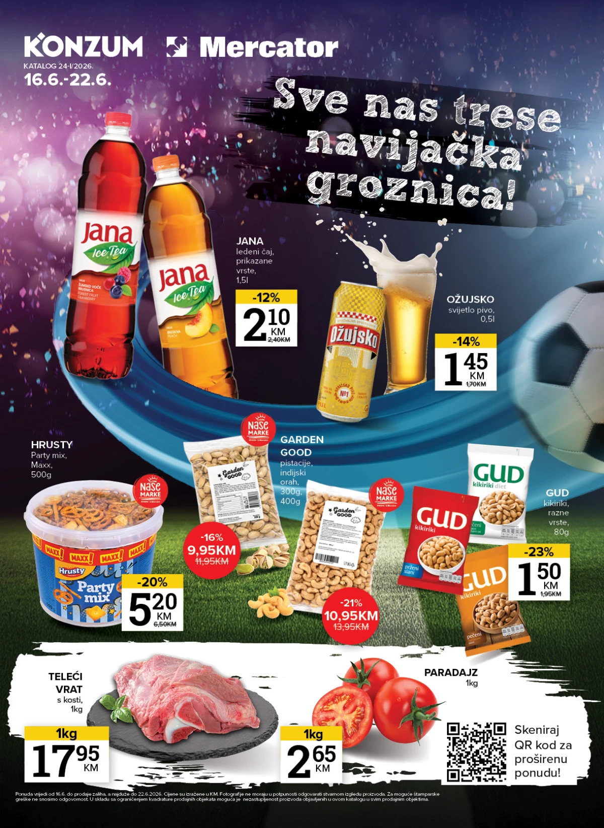 Konzum i Mercator katalog do 22.06.2026 – Jana Ice Tea 2,10 KM, Ožujsko 1,45 KM, teleći vrat 17,95 KM i paradajz 2,65 KM