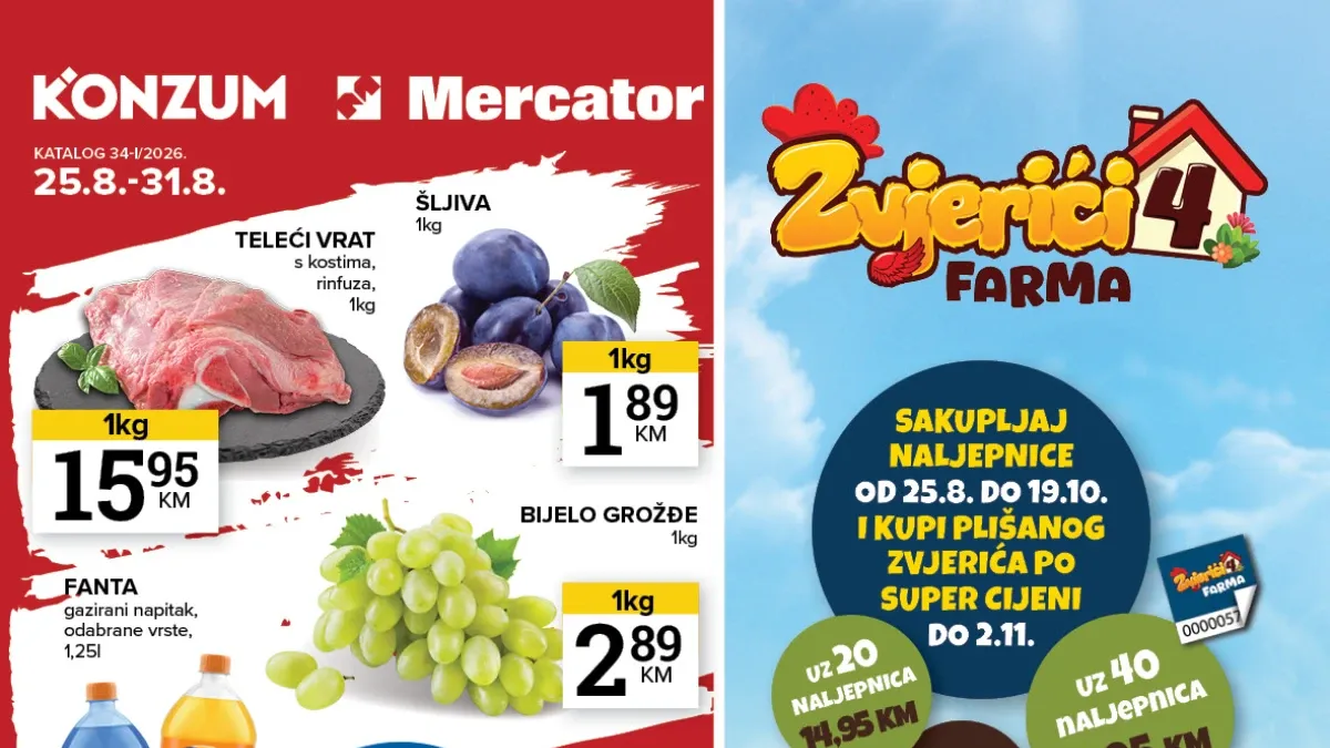 Konzum i Mercator katalog od 25.08. do 31.08.2026. – akcije na hranu, piće, proizvode za dom i higijenu uz sniženja do 50%