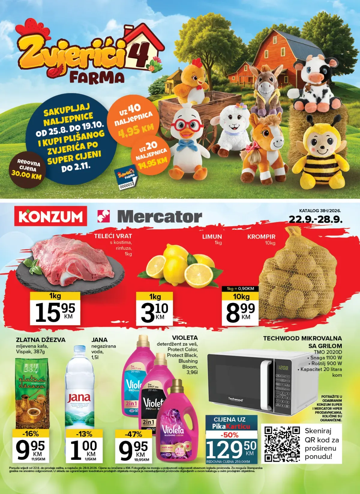 Konzum i Mercator katalog od 22.09. do 28.09.2026. – teleći vrat, limun, krompir, Jana voda, Violeta deterdžent i mikrovalna pećnica po akcijskim cijenama
