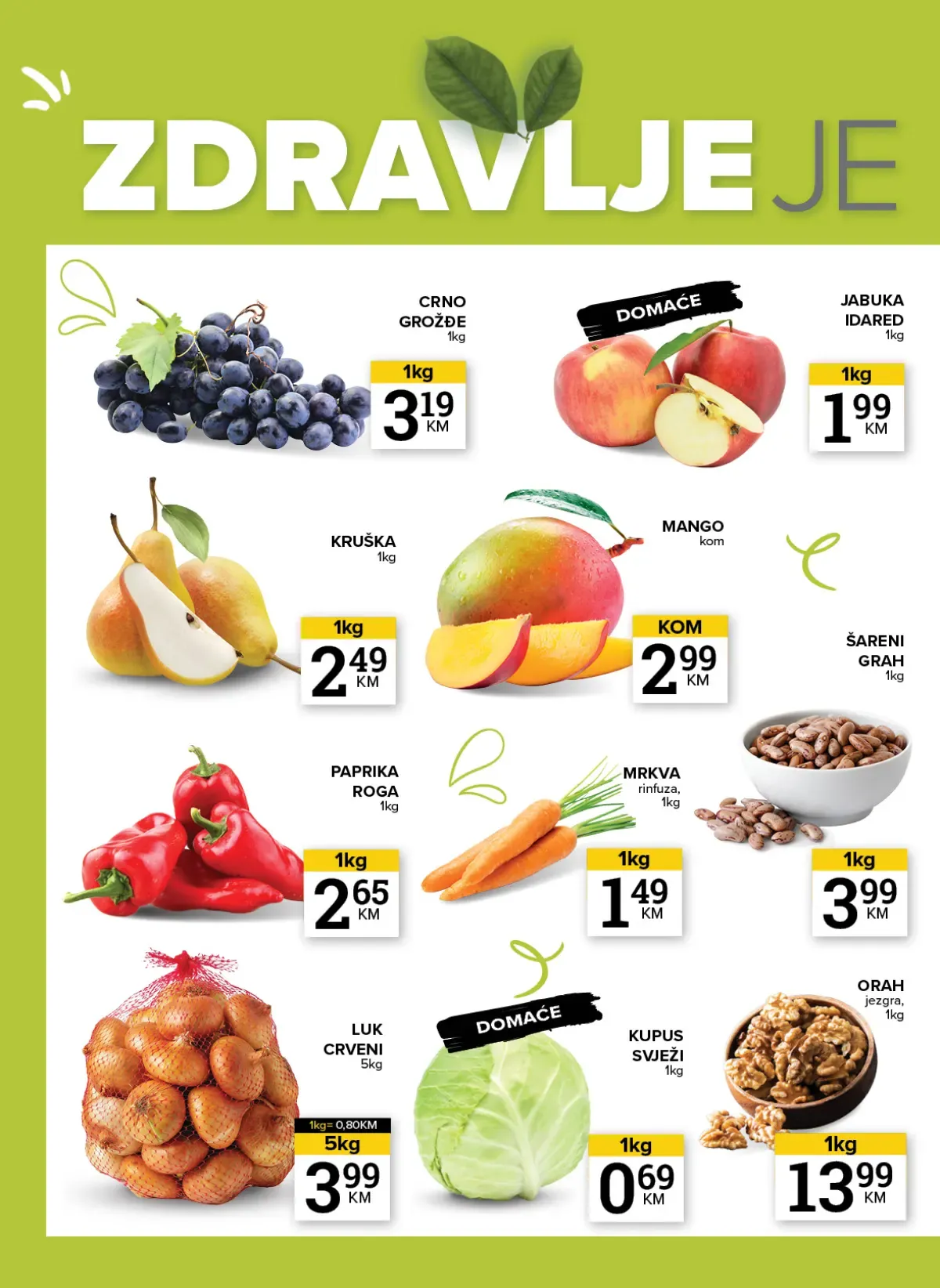 Konzum i Mercator katalog – voće i povrće: grožđe, jabuke, kruške, paprika, mrkva, kupus i krompir