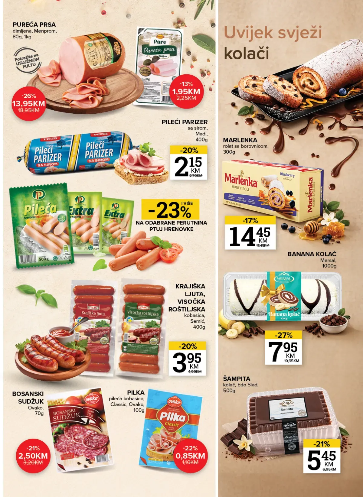 Konzum i Mercator katalog – pileći parizer, pureća prsa, kobasice i kolači