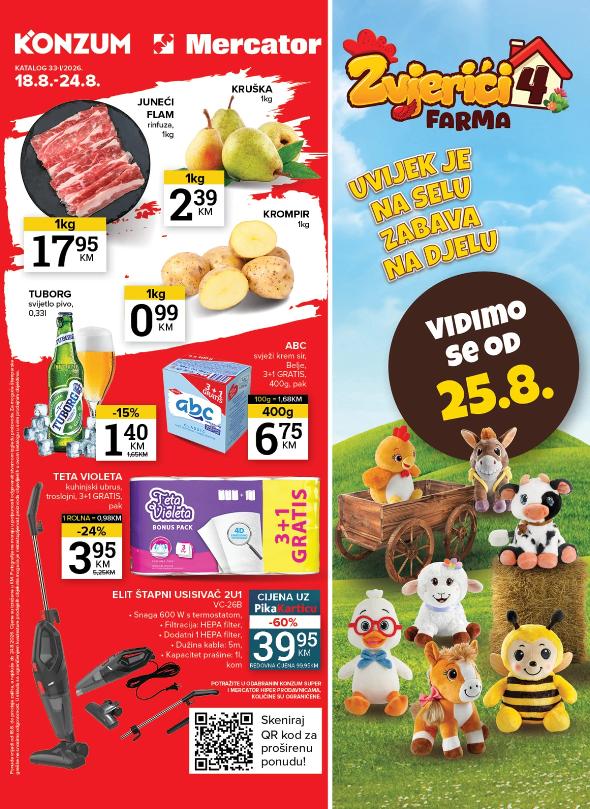 Konzum i Mercator katalog od 18.08. do 24.08.2026. – akcijske cijene prehrane, mesa, voća, pića, kućne hemije i proizvoda za domaćinstvo uz popuste do 60%