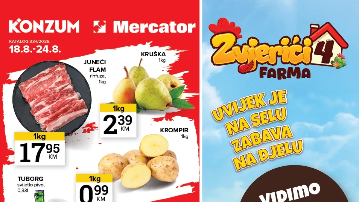 Konzum i Mercator katalog od 18.08. do 24.08.2026. – velika akcija na prehranu, piće, voće, meso i proizvode za domaćinstvo uz popuste do 60%