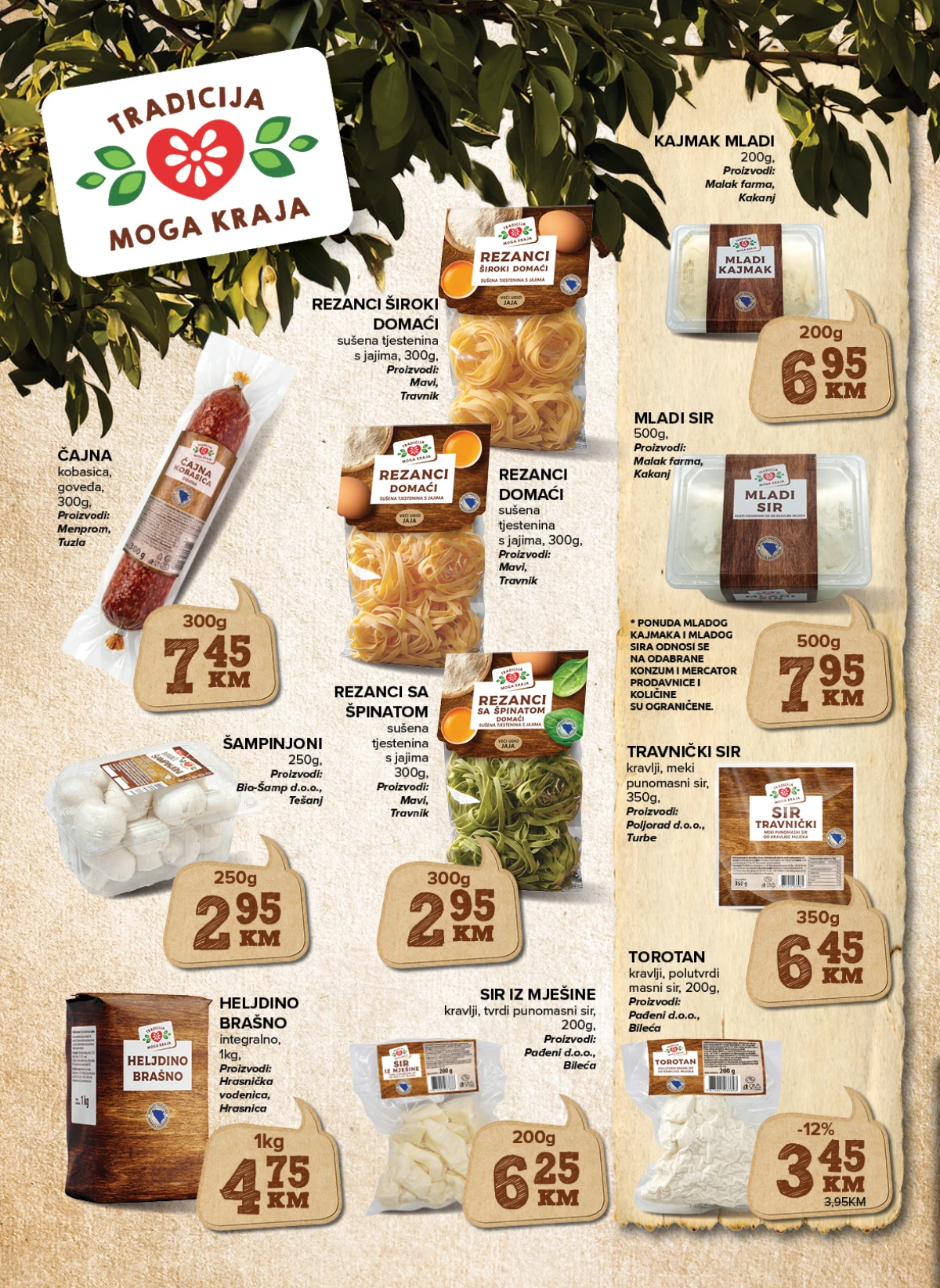 Konzum i Mercator katalog – domaći proizvodi, kajmak, sirevi, tjestenina i šampinjoni