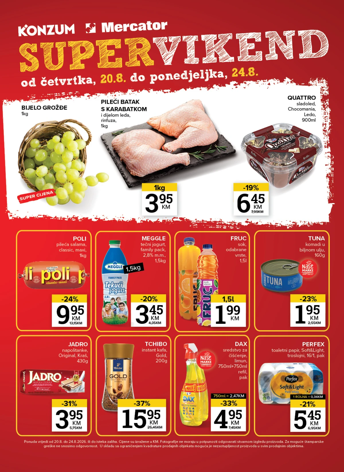 Konzum i Mercator Supervikend od 20.08. do 24.08.2026. – piletina, piće, kafa, tuna i kućna hemija