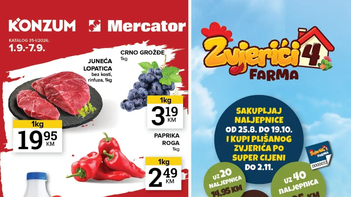 Konzum i Mercator katalog od 01.09. do 07.09.2026. – akcijska ponuda hrane, pića, proizvoda za domaćinstvo i ličnu njegu uz sniženja do 61%