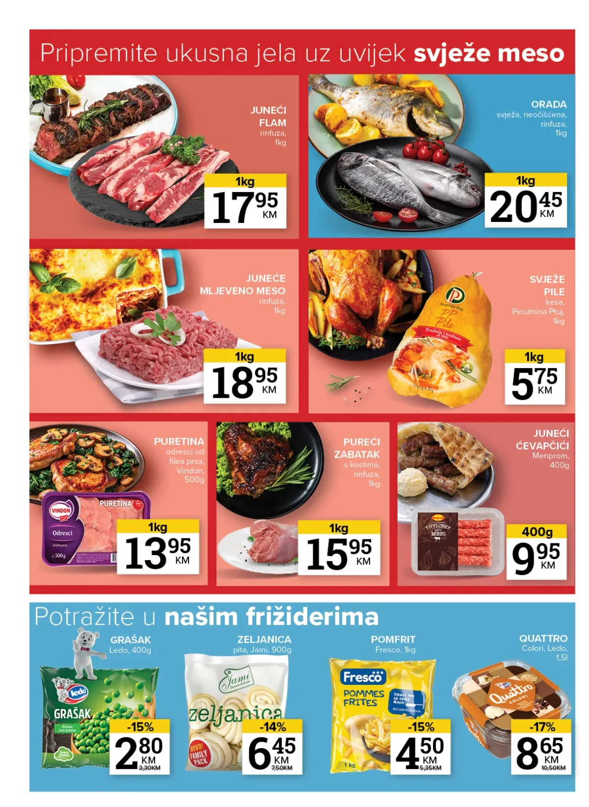 Konzum i Mercator katalog – juneći flam i svježa neočišćena orada u ponudi mesa i ribe