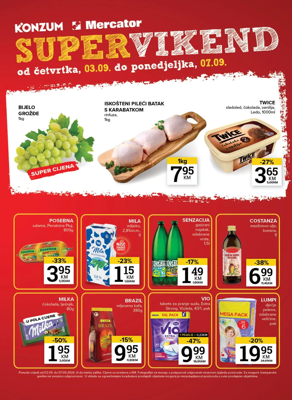 Konzum i Mercator Super vikend od 03.09. do 07.09.2026. – Twice sladoled i iskošteni pileći batak uz velika sniženja
