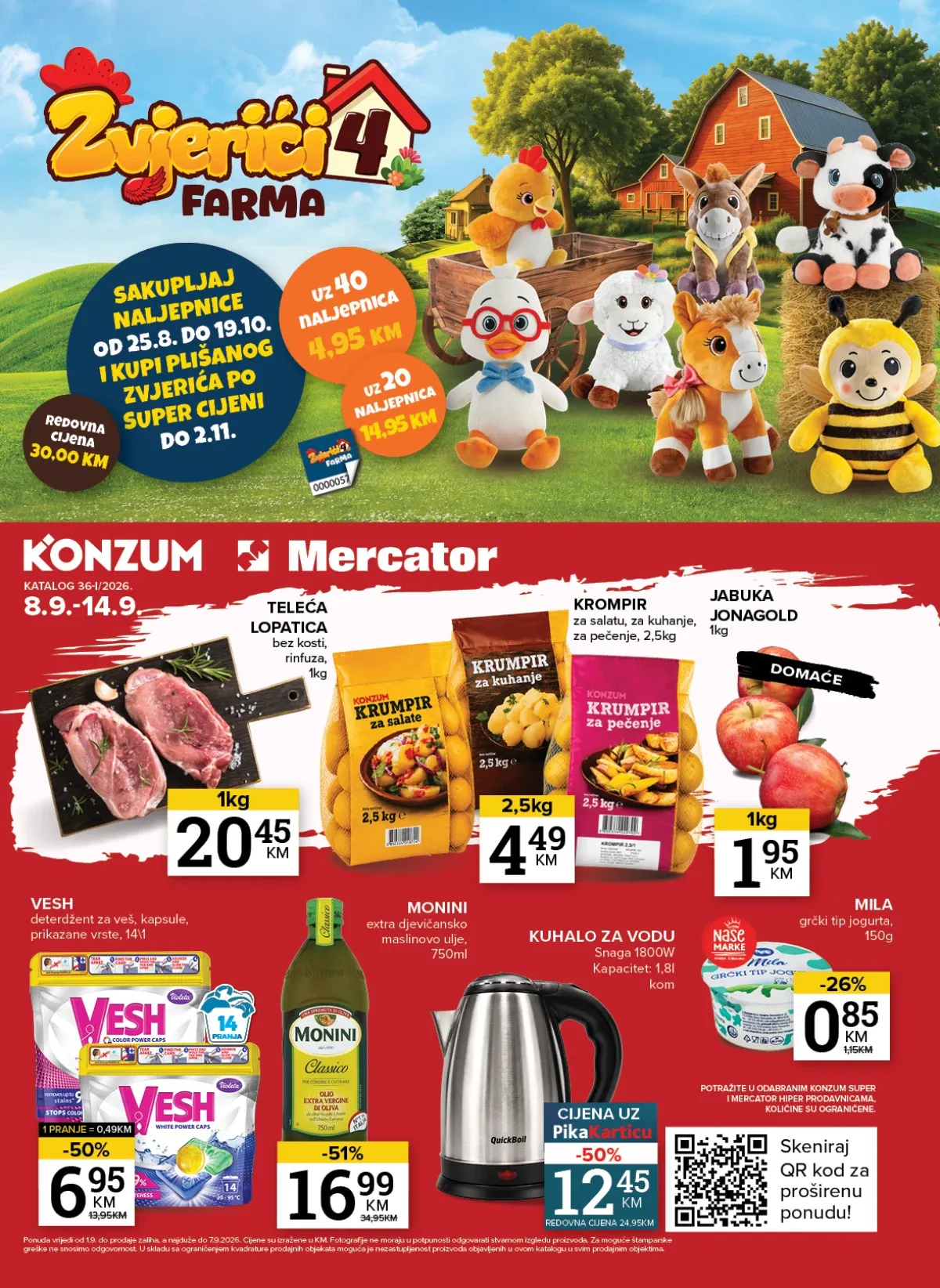 Konzum i Mercator katalog od 08.09. do 14.09.2026. – akcijske cijene mesa, voća, prehrane, pića, kućne hemije i proizvoda za domaćinstvo