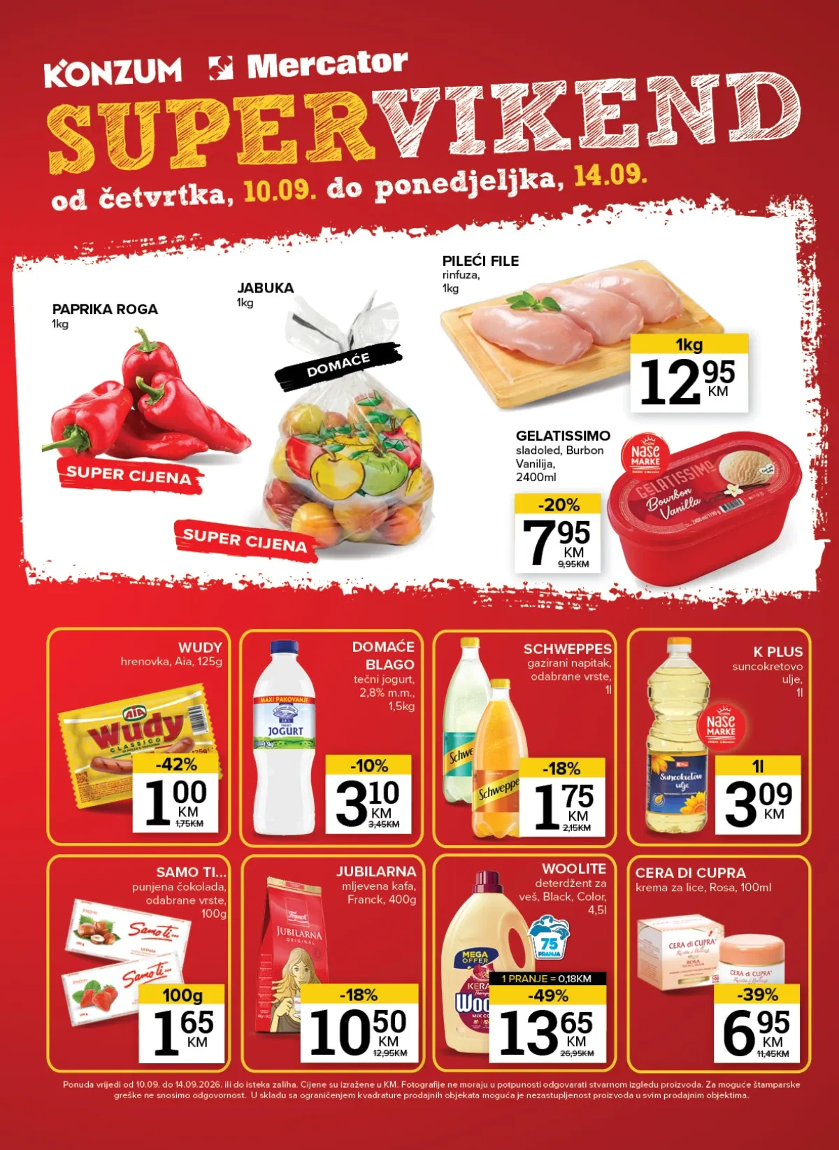 Konzum i Mercator Super vikend od 10.09. do 14.09.2026. – meso, voće, mliječni proizvodi, piće i slatkiši