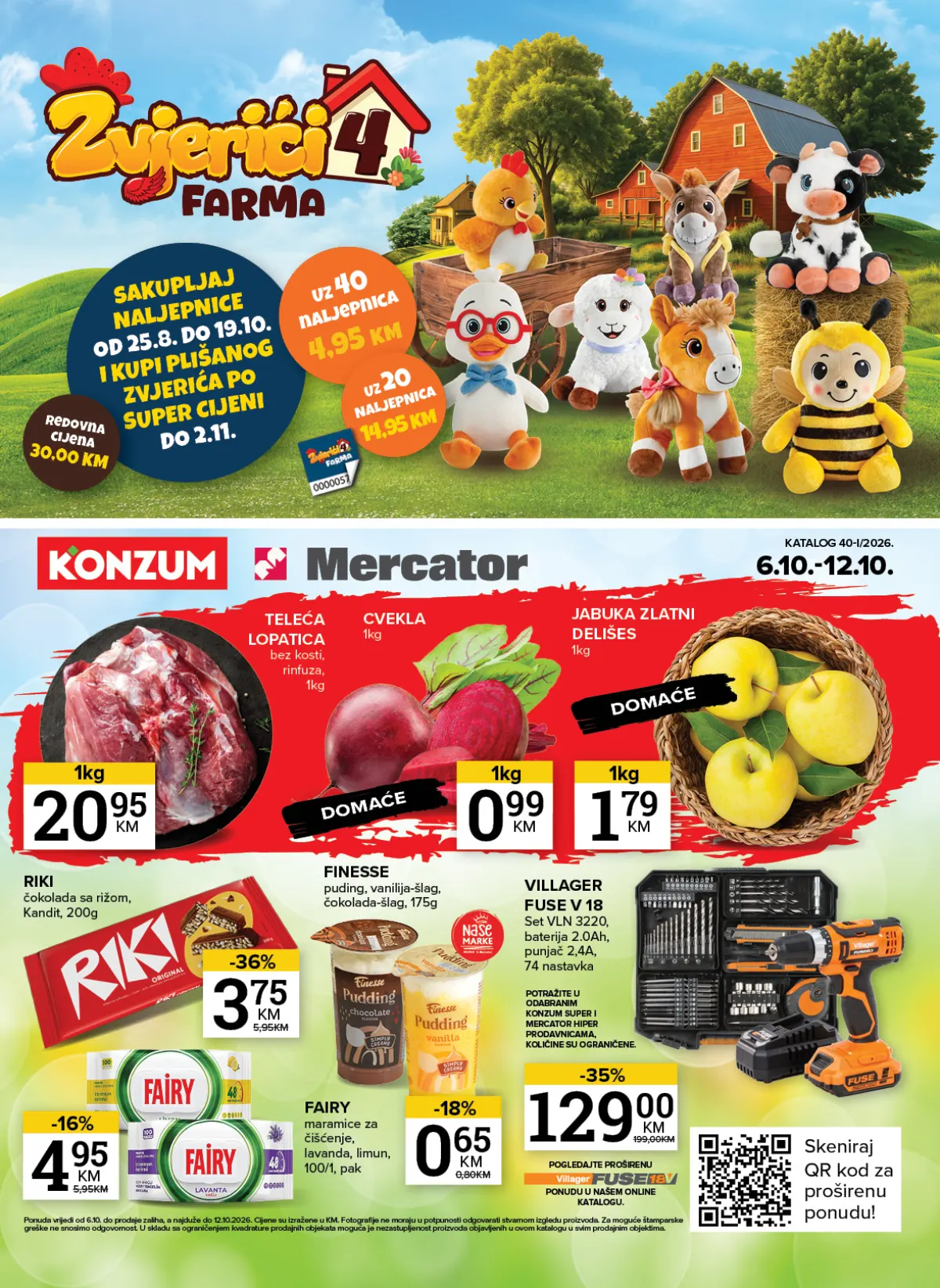 Konzum i Mercator katalog od 06. do 12.10.2026. – teletina, cvekla, jabuke, Riki čokolada, Finish, Fairy i Villager alat na akciji