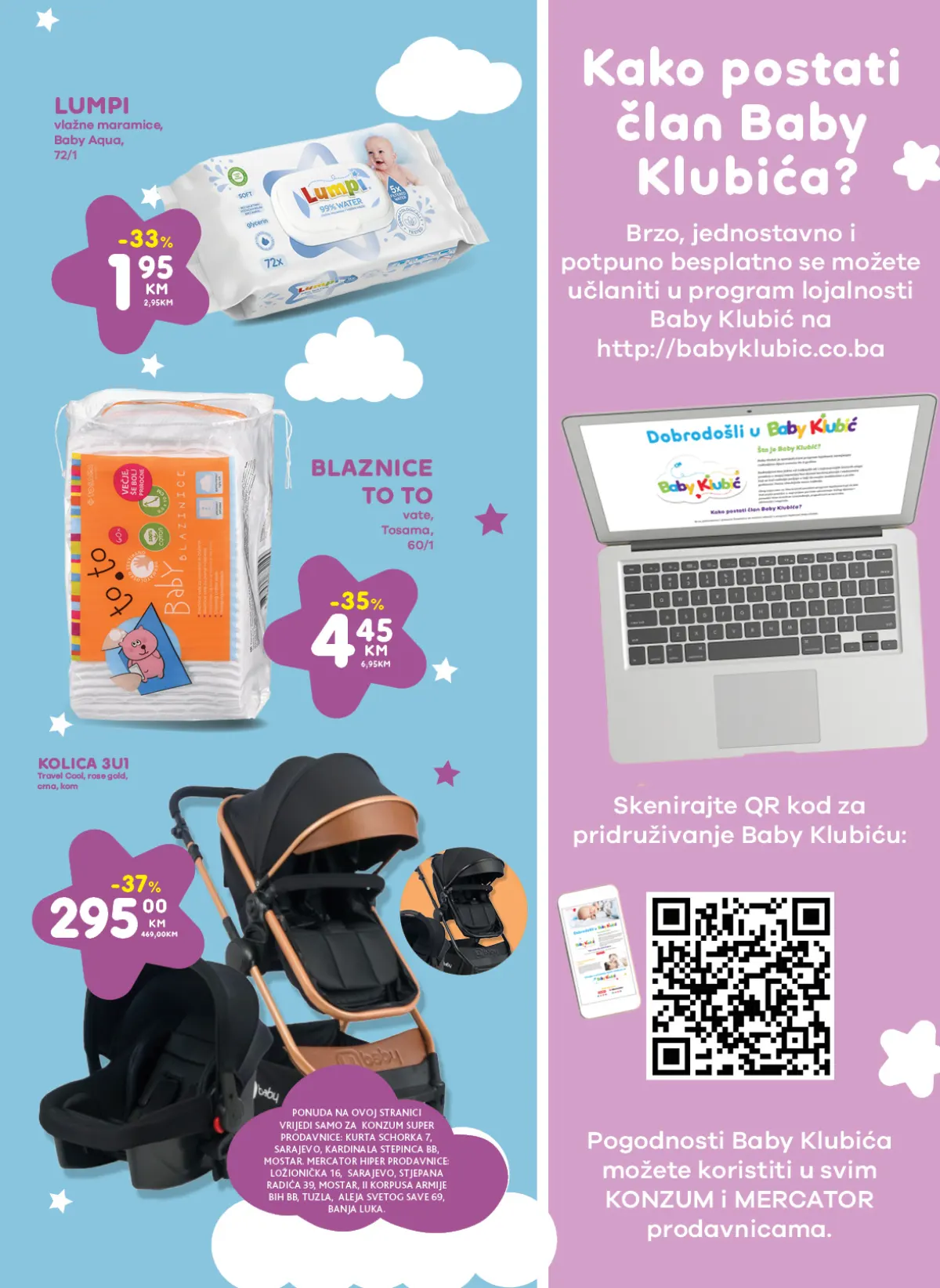 Konzum i Mercator Baby Klubić – vlažne maramice, blaznice i dječija kolica