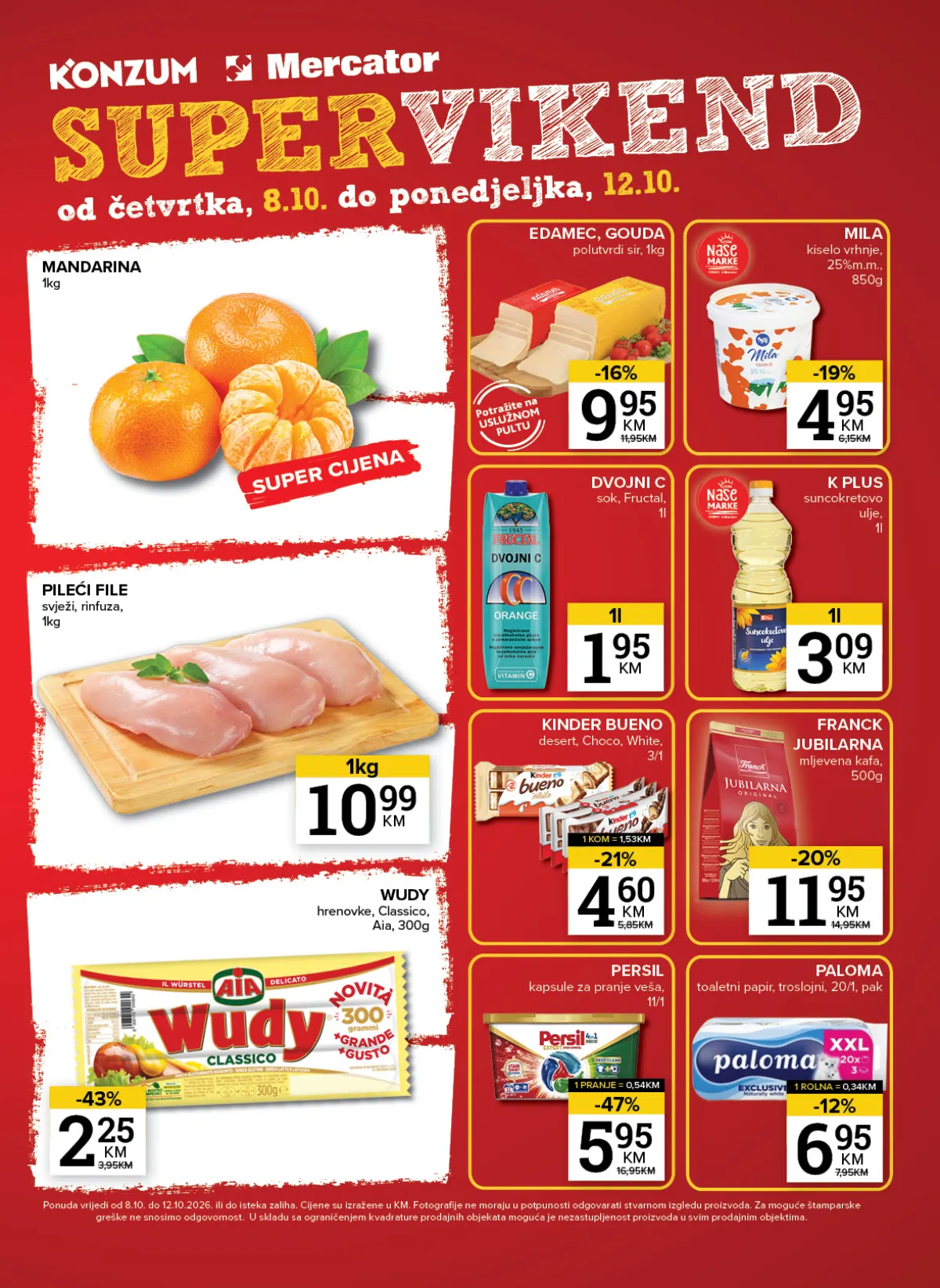 Konzum i Mercator Super vikend 08–12.10.2026. – mandarine, pileći file, Edamer, mlijeko i kućna hemija