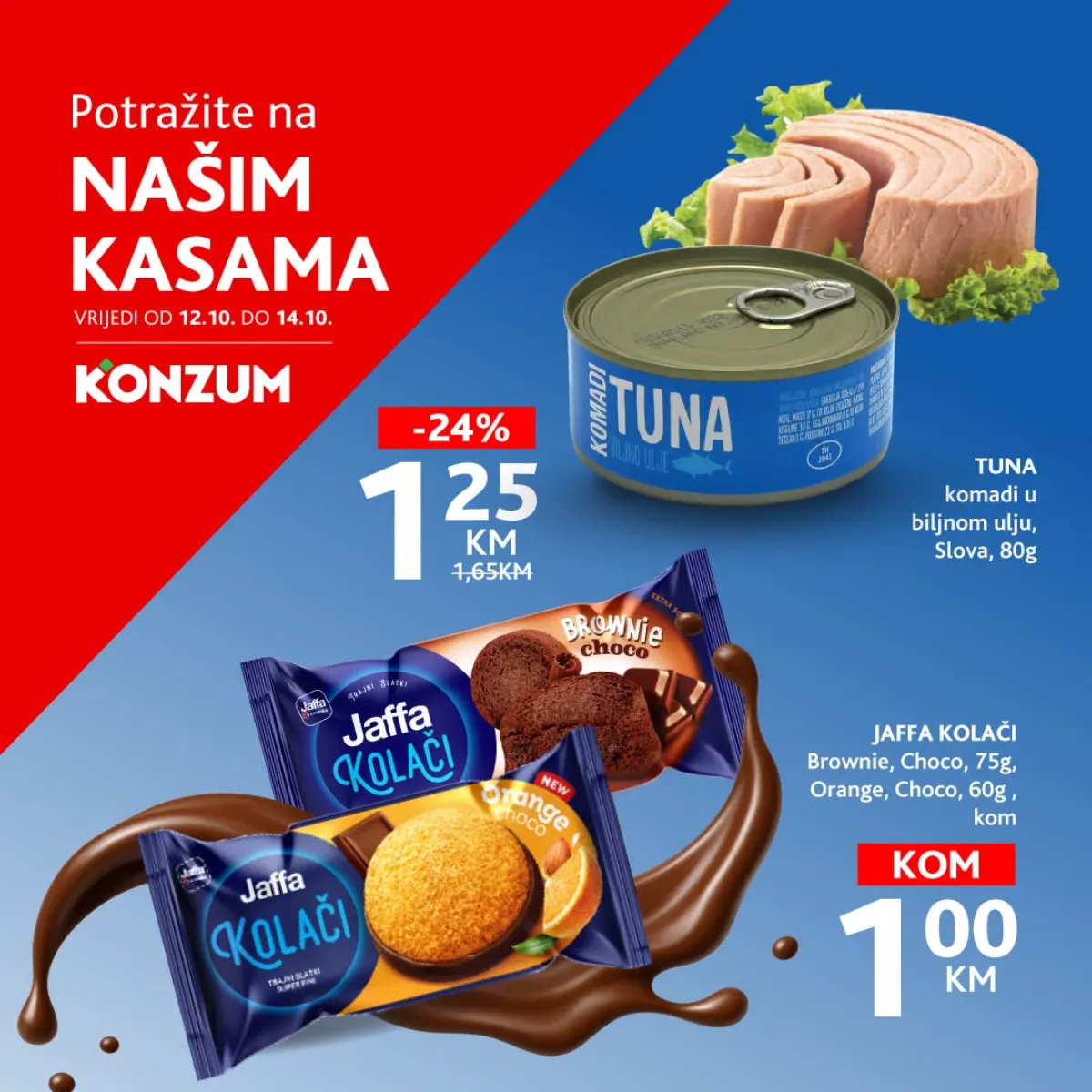Konzum akcija na kasama od 12. do 14.10.2026. – tuna Slova 80 g za 1,25 KM i Jaffa kolači za 1,00 KM po komadu