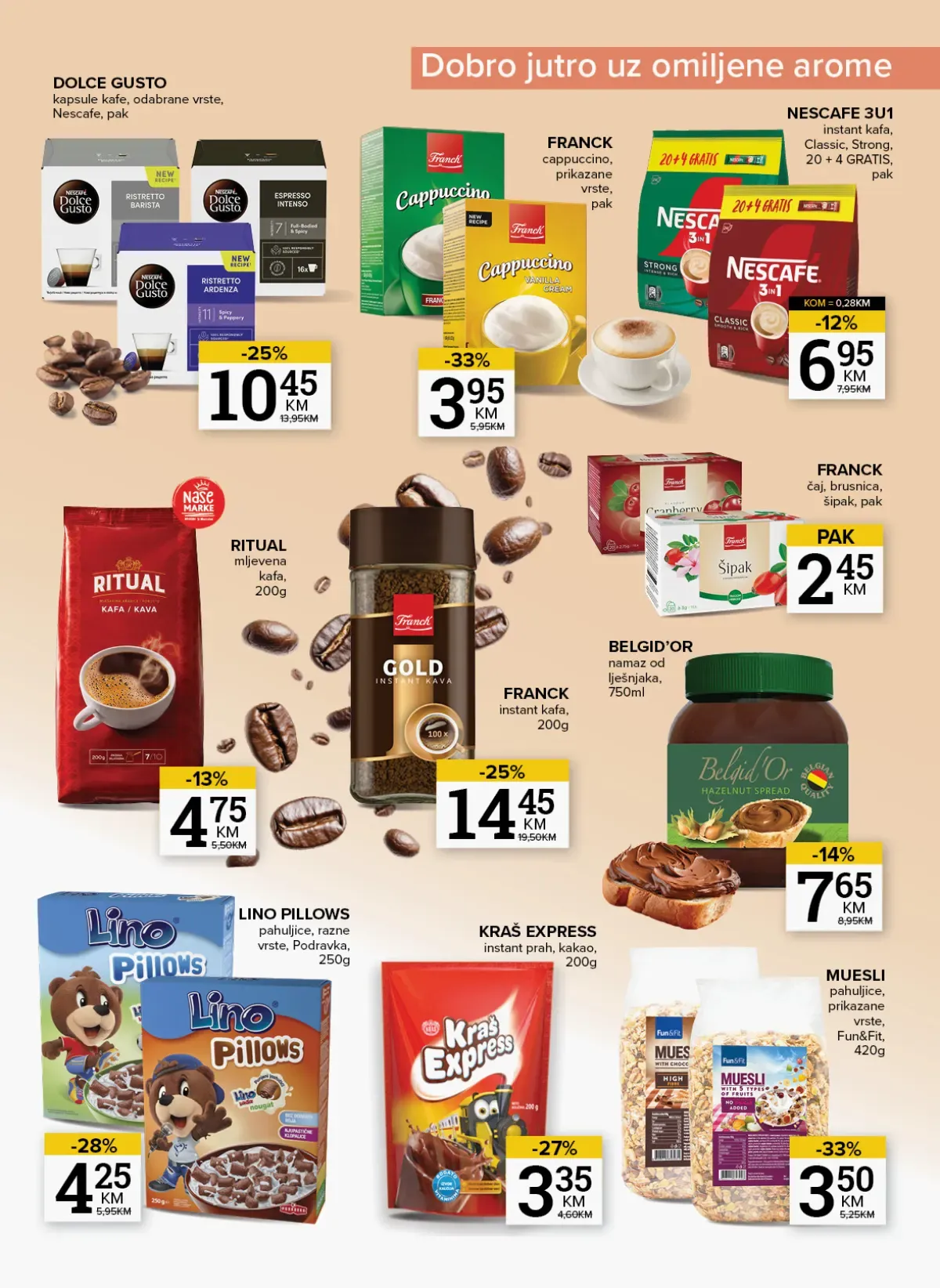 Konzum i Mercator kafa i doručak – Nescafe, Franck, Dolce Gusto i žitarice