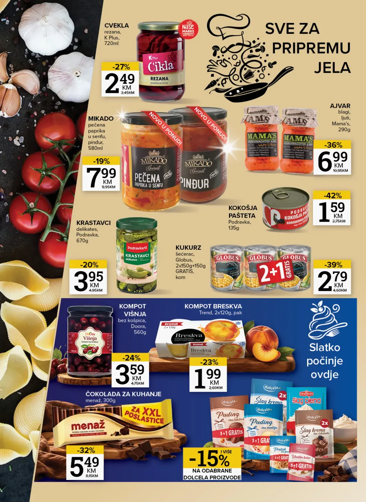 Konzum i Mercator proizvodi za pripremu jela – ajvar, krastavci, kukuruz i čokolada