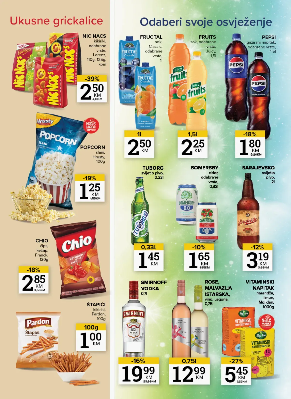 Konzum i Mercator grickalice i piće – Chips, Fructal, Pepsi i Sarajevsko