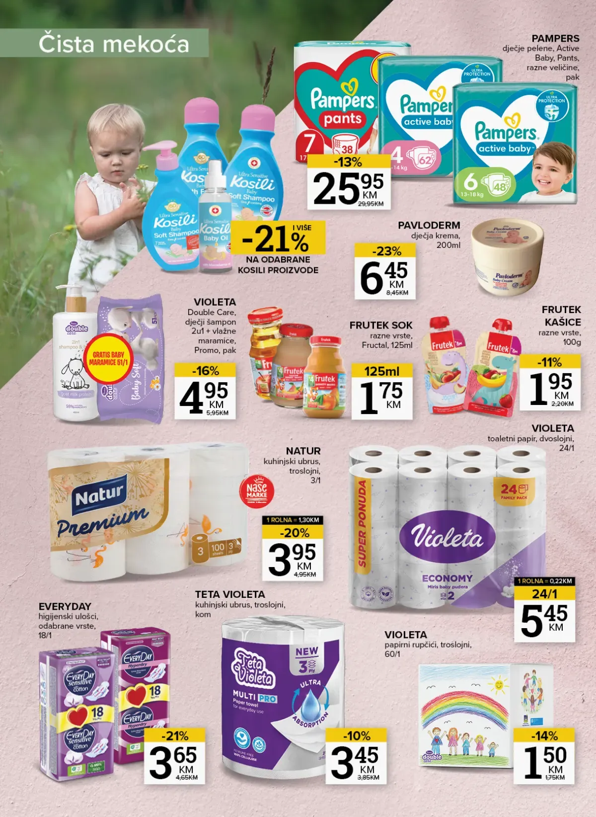Konzum i Mercator dječiji program i papirna galanterija – Pampers, Violeta i Frutek