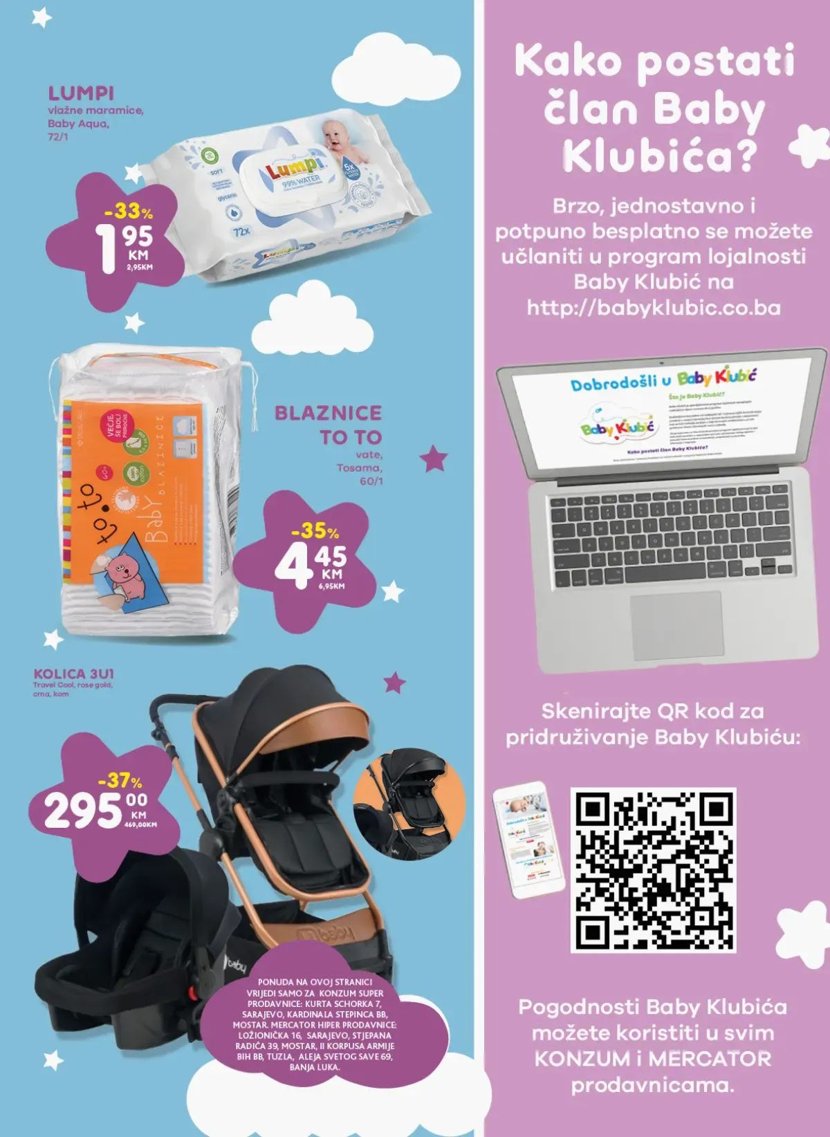 Konzum i Mercator Baby Klubica – Lumpi vlažne maramice, blaznice i kolica