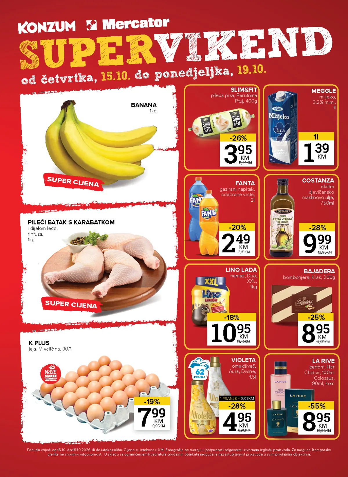Konzum i Mercator Super vikend 15–19.10.2026. – La Rive parfem 8,95 KM uz 55% popusta i Meggle mlijeko 1,39 KM