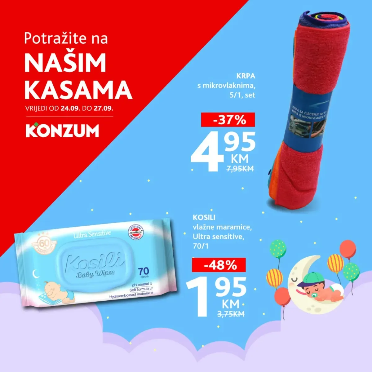 Konzum Na našim kasama od 24. do 27.09.2026. – Kosili vlažne maramice 70 komada za 1,95 KM i set pet krpa s mikrovlaknima za 4,95 KM