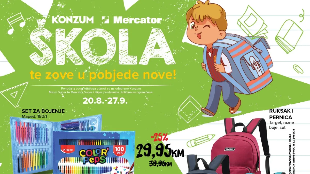 Konzum i Mercator školski katalog do 27.09.2026. – ruksaci, pernice, sveske i školski pribor do 30% jeftiniji