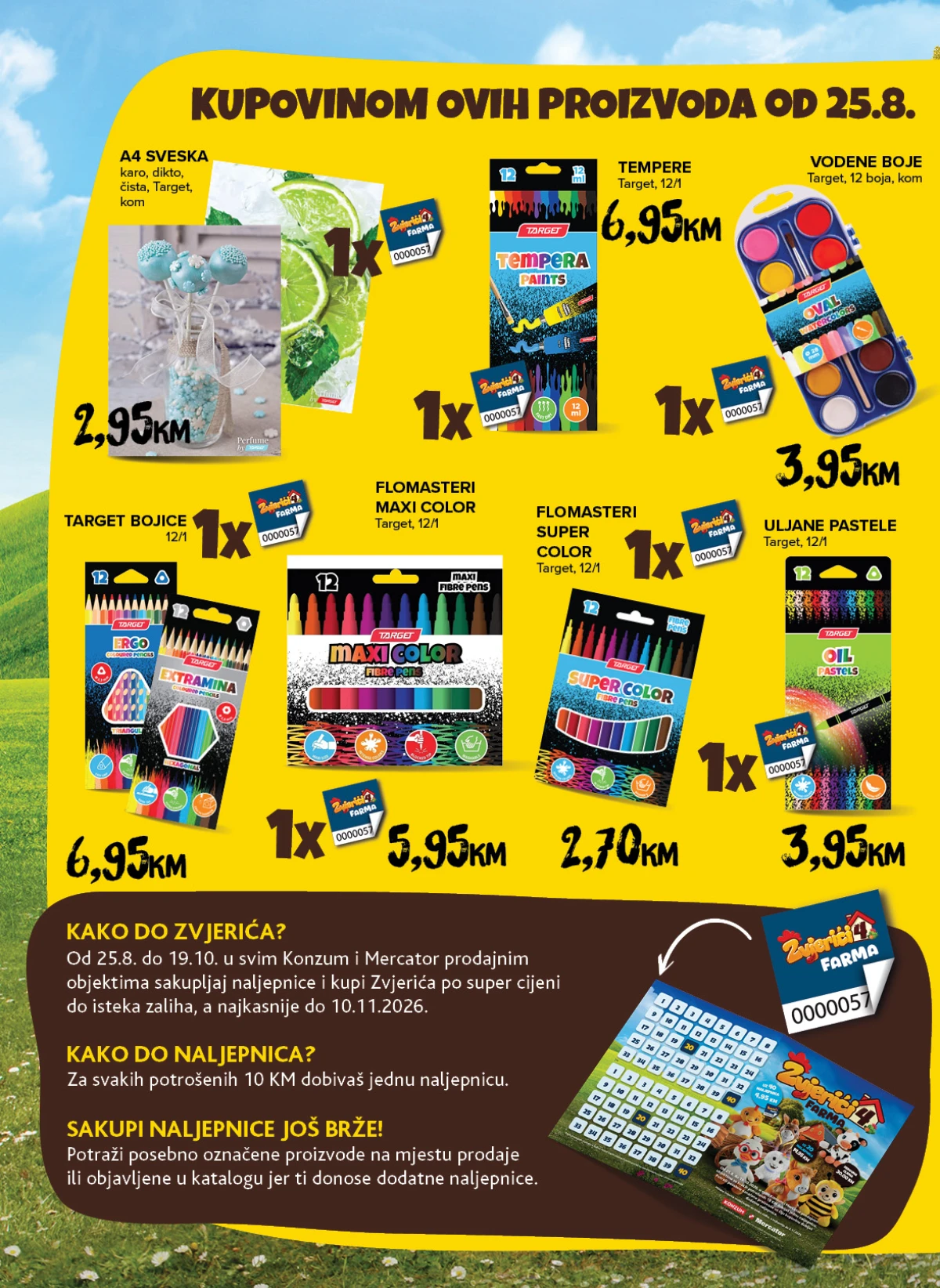 Konzum i Mercator školski katalog – Target tempere, vodene boje, bojice i flomasteri uz dodatne naljepnice