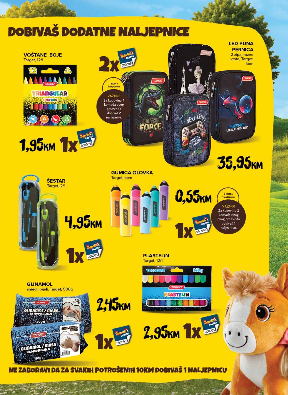 Konzum i Mercator školski katalog – Target puna pernica, šestar, glinamol i plastelin uz dodatne naljepnice