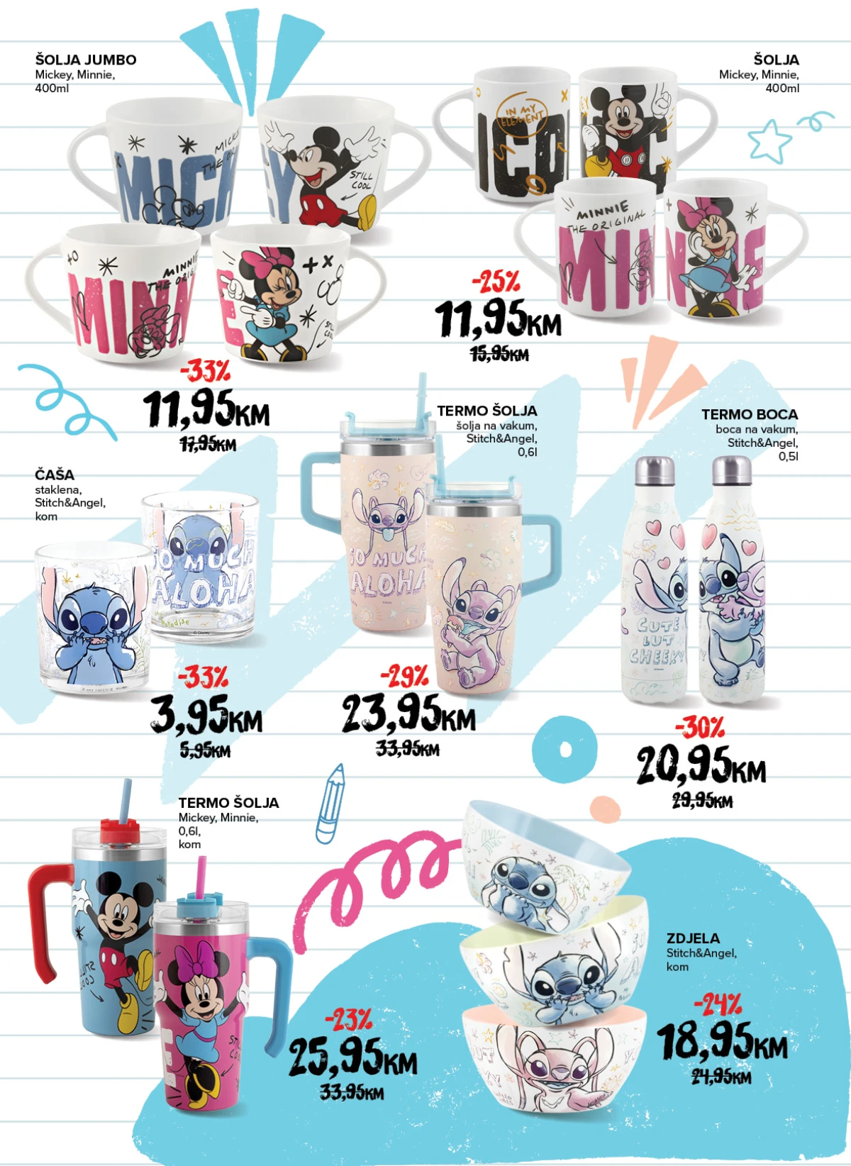 Konzum i Mercator školski katalog – Mickey i Minnie šolje te Stitch termo boce i zdjele