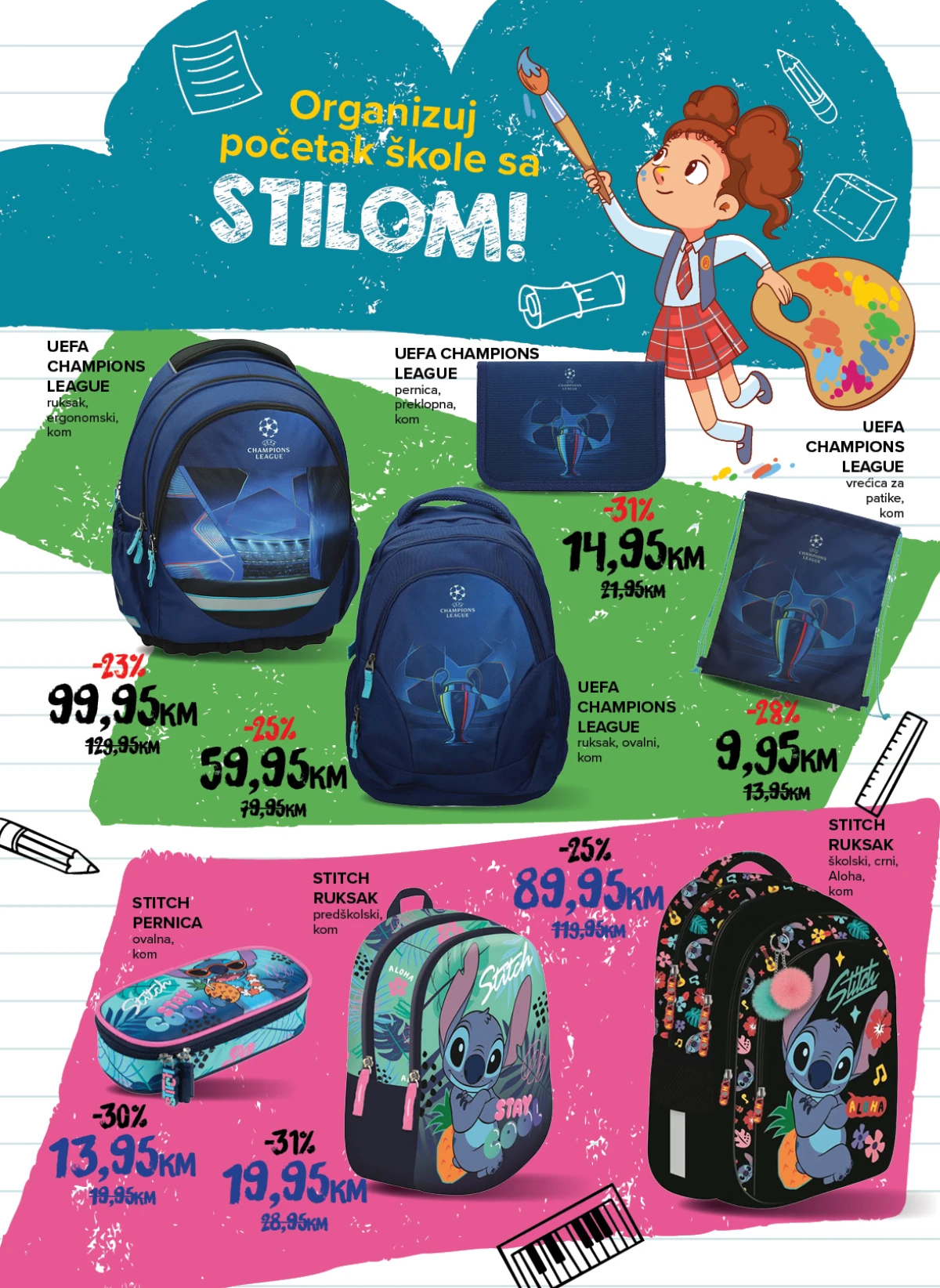 Konzum i Mercator školski katalog – UEFA Champions League i Stitch školski ruksaci, pernice i vrećice