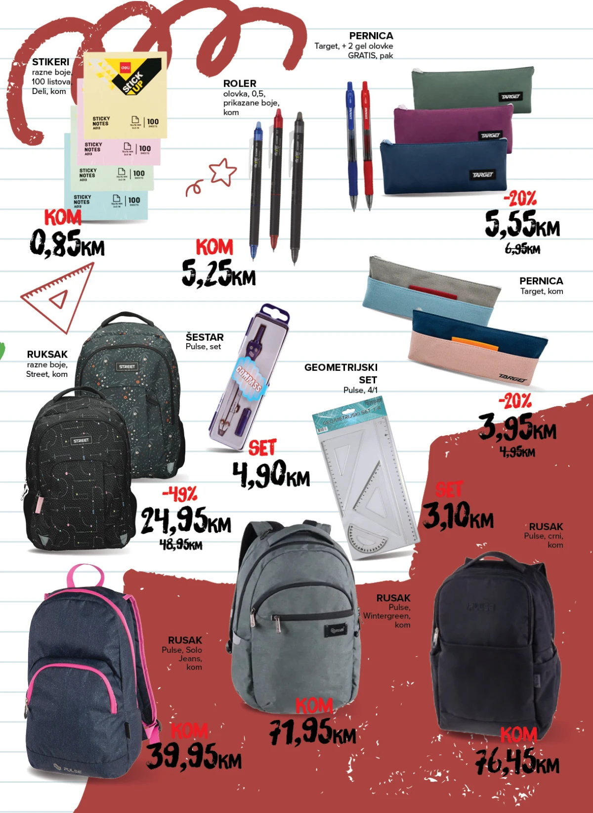 Konzum i Mercator školski katalog – Street i Pulse ruksaci, Target pernice i geometrijski pribor