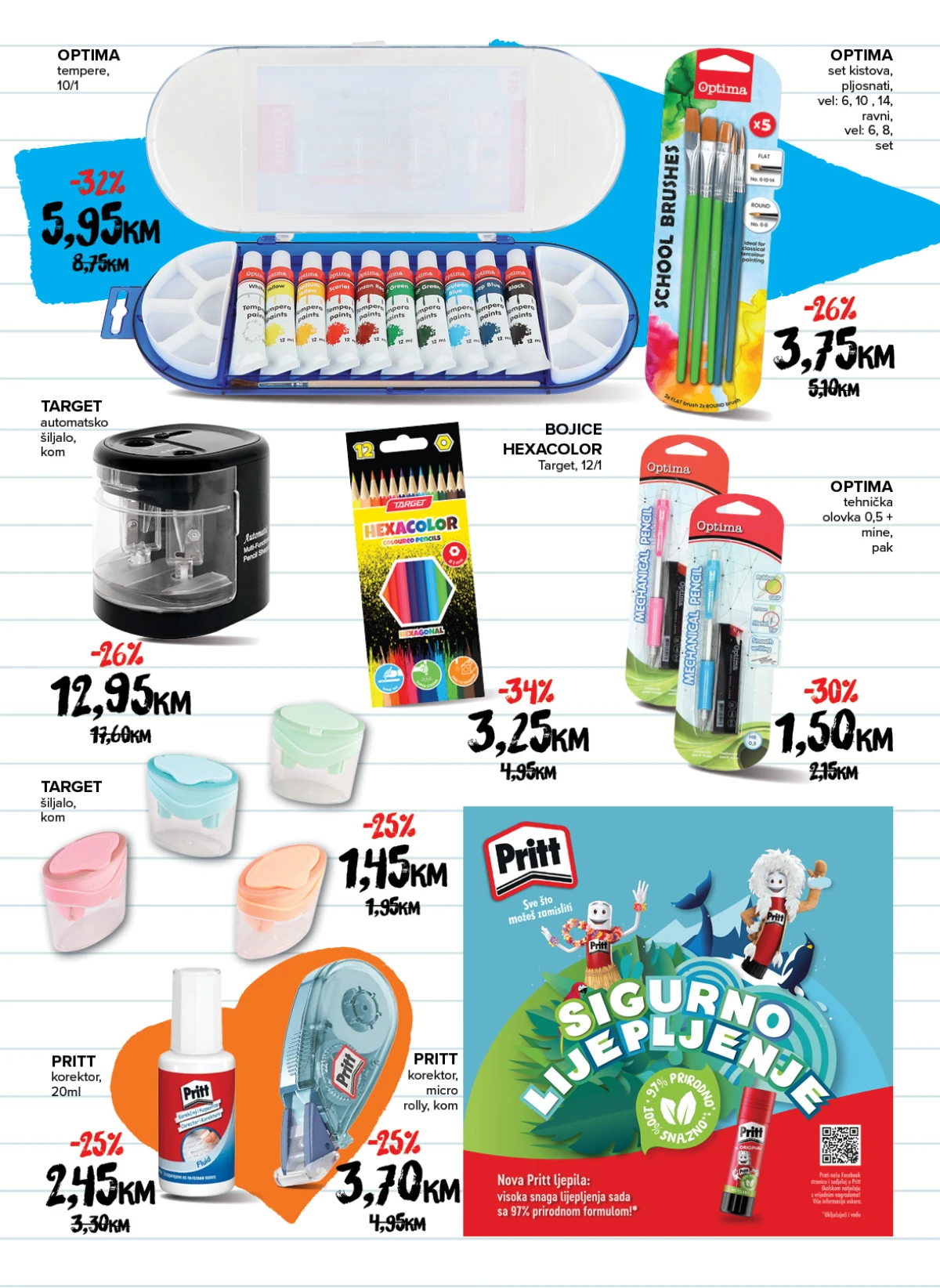 Konzum i Mercator školski katalog – Optima tempere i kistovi, Target bojice, šiljala i Pritt korektori