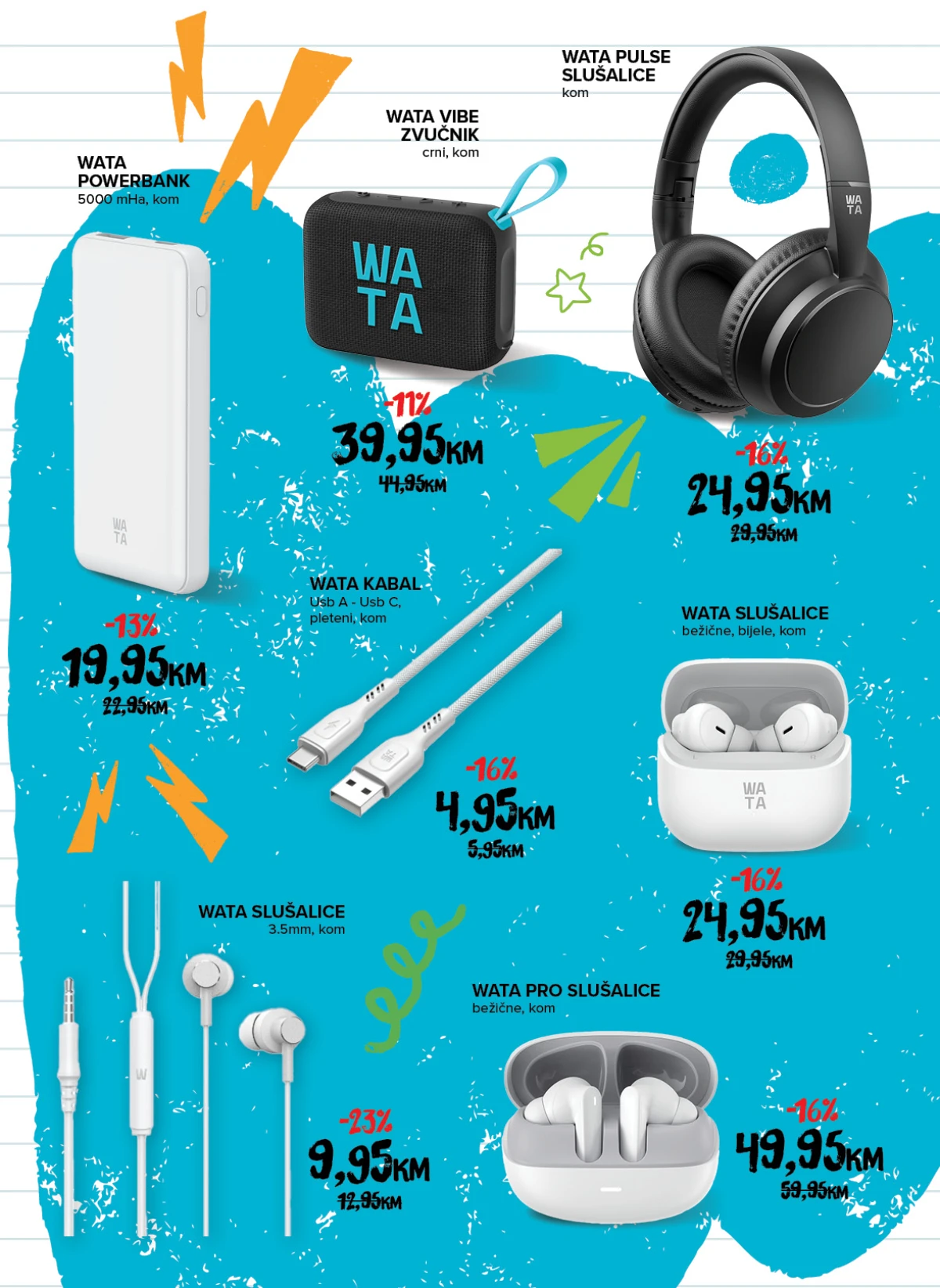 Konzum i Mercator školski katalog – WATA bežične slušalice, powerbank, Bluetooth zvučnik i USB kabal