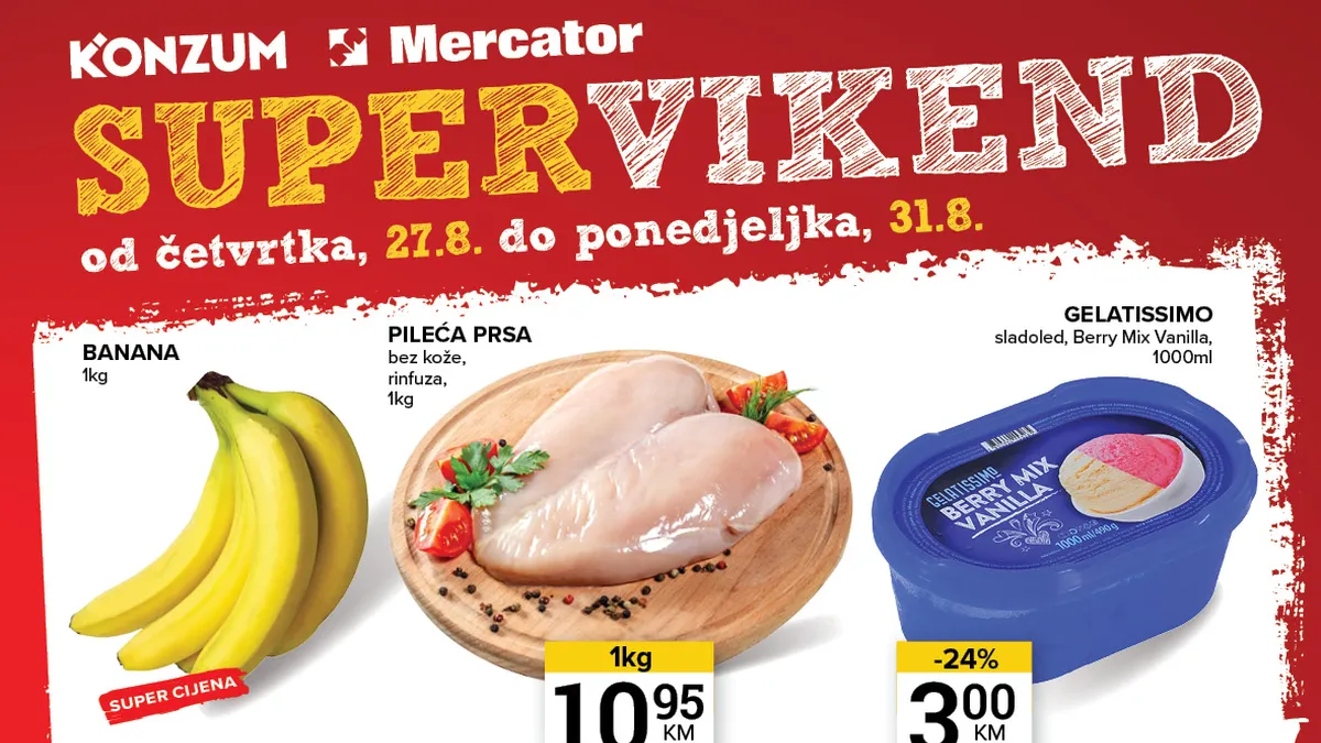 Konzum i Mercator Super vikend od 27.08. do 31.08.2026. donosi sniženja do 49% na prehrambene proizvode, piće, slatkiše i kućne potrepštine.