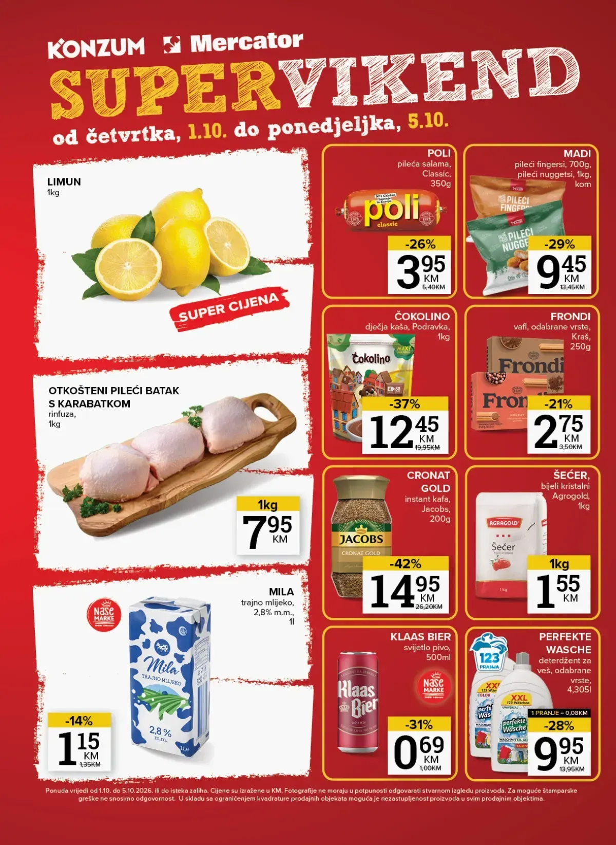 Konzum i Mercator Super vikend od 01. do 05.10.2026. – pileći batak, Poli salama, Čokolino, Jacobs kafa, Mila mlijeko, šećer, pivo i deterdžent na akciji