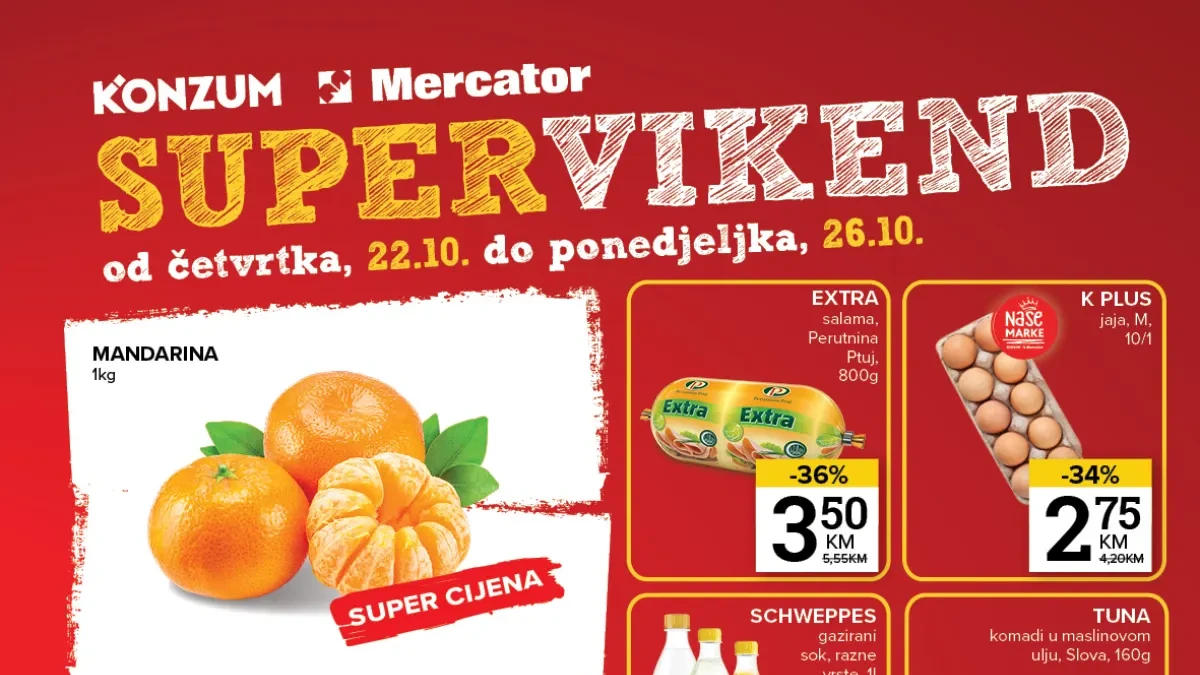 Konzum i Mercator super vikend akcija od 22. do 26.10.2026. – popusti do 47% i super cijene hrane, pića i deterdženata