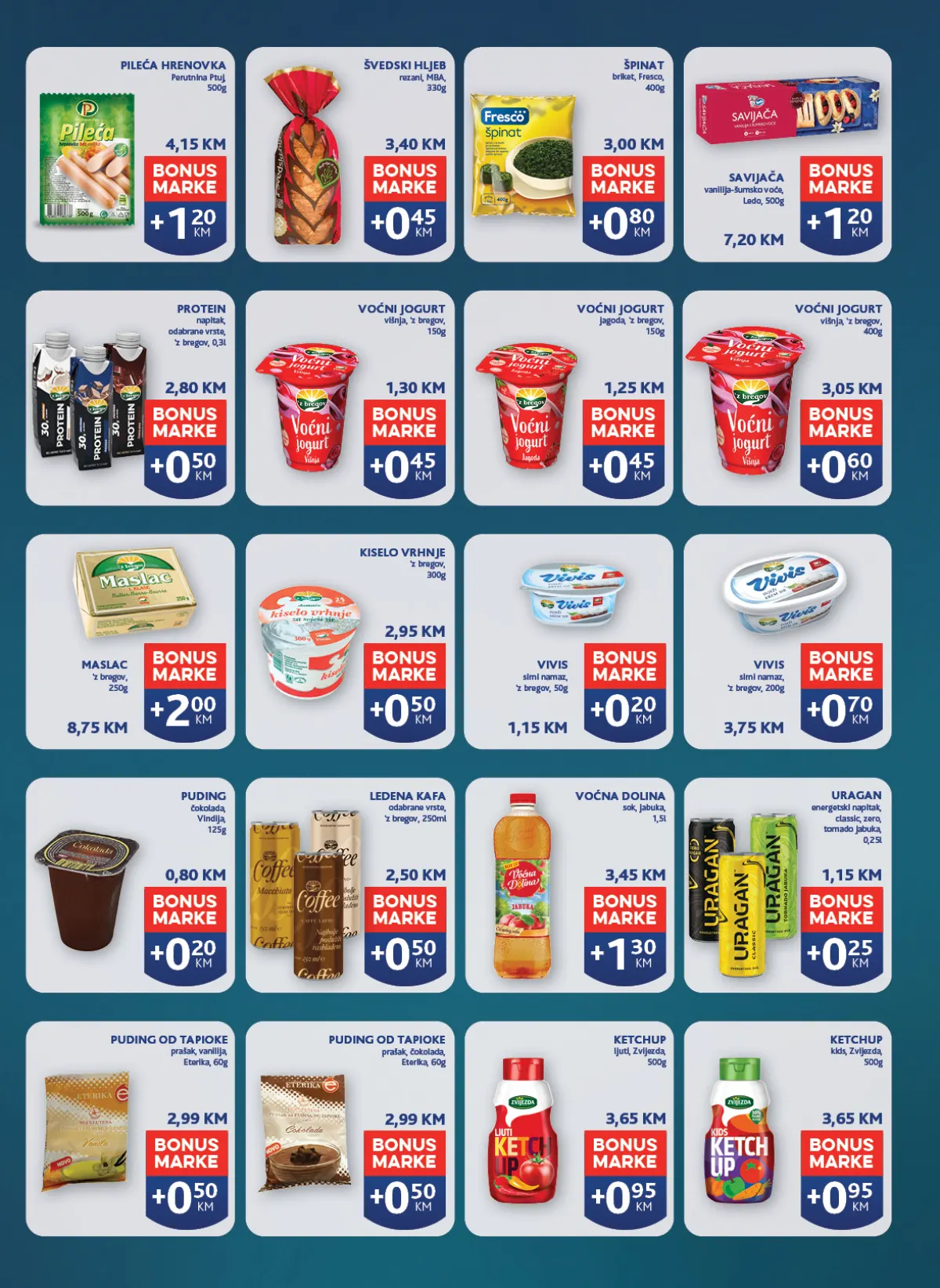 Pika BONUS proizvodi u Konzumu i Mercatoru – maslac, hrenovke, jogurt, špinat, ketchup i drugi proizvodi